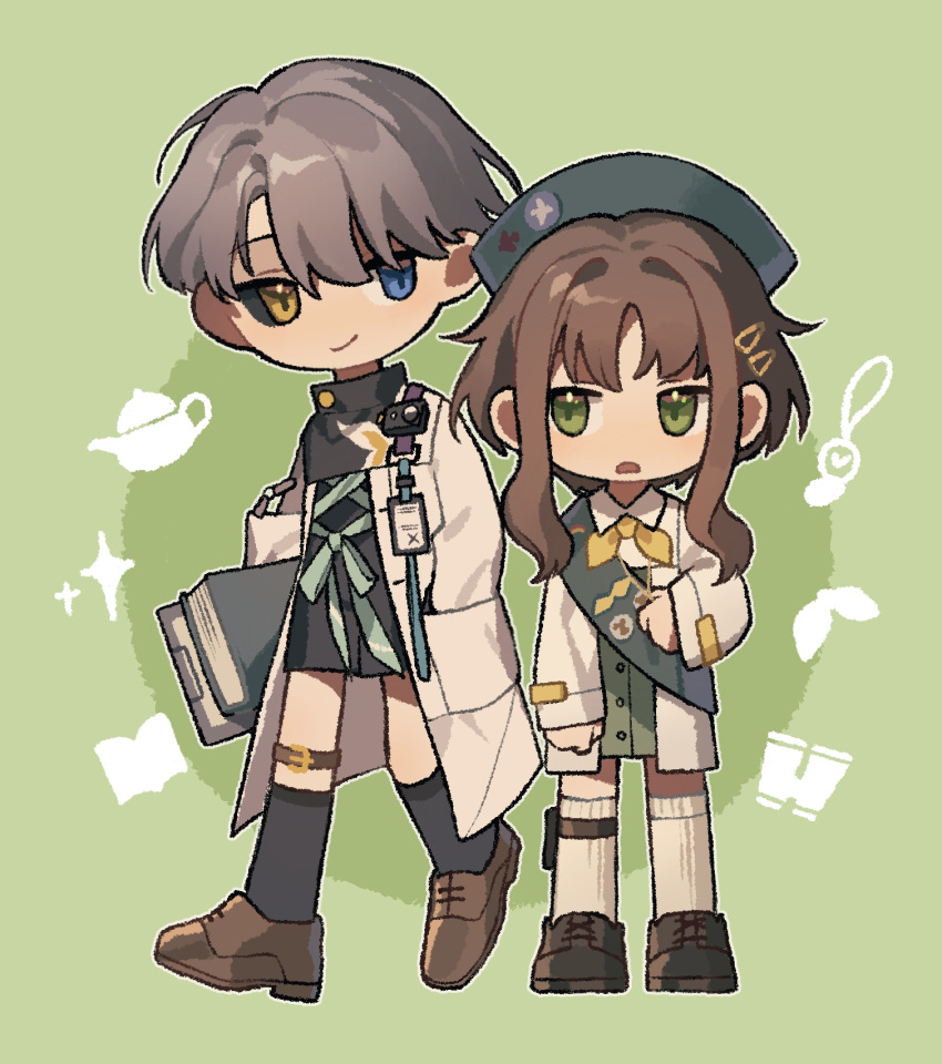 1boy, 1girl, :o, beret, binoculars, black_footwear, black_sclera, black_socks