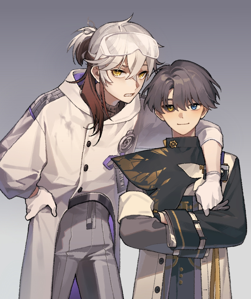 1boy, 1other, arm_around_neck, black_sclera, blonde_hair, blue_eyes, calamine_black, clenched_teeth