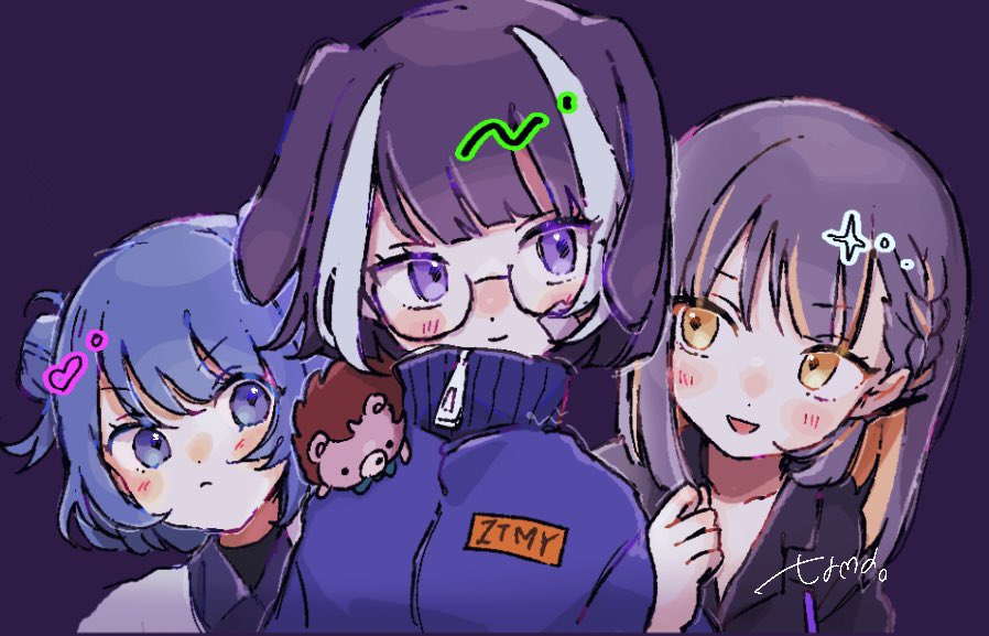 3girls, aca-ne_(zutomayo), animal_on_shoulder, black_shirt, blue_eyes, blue_hair, blue_jacket, choucho_(myon/tokipi)
