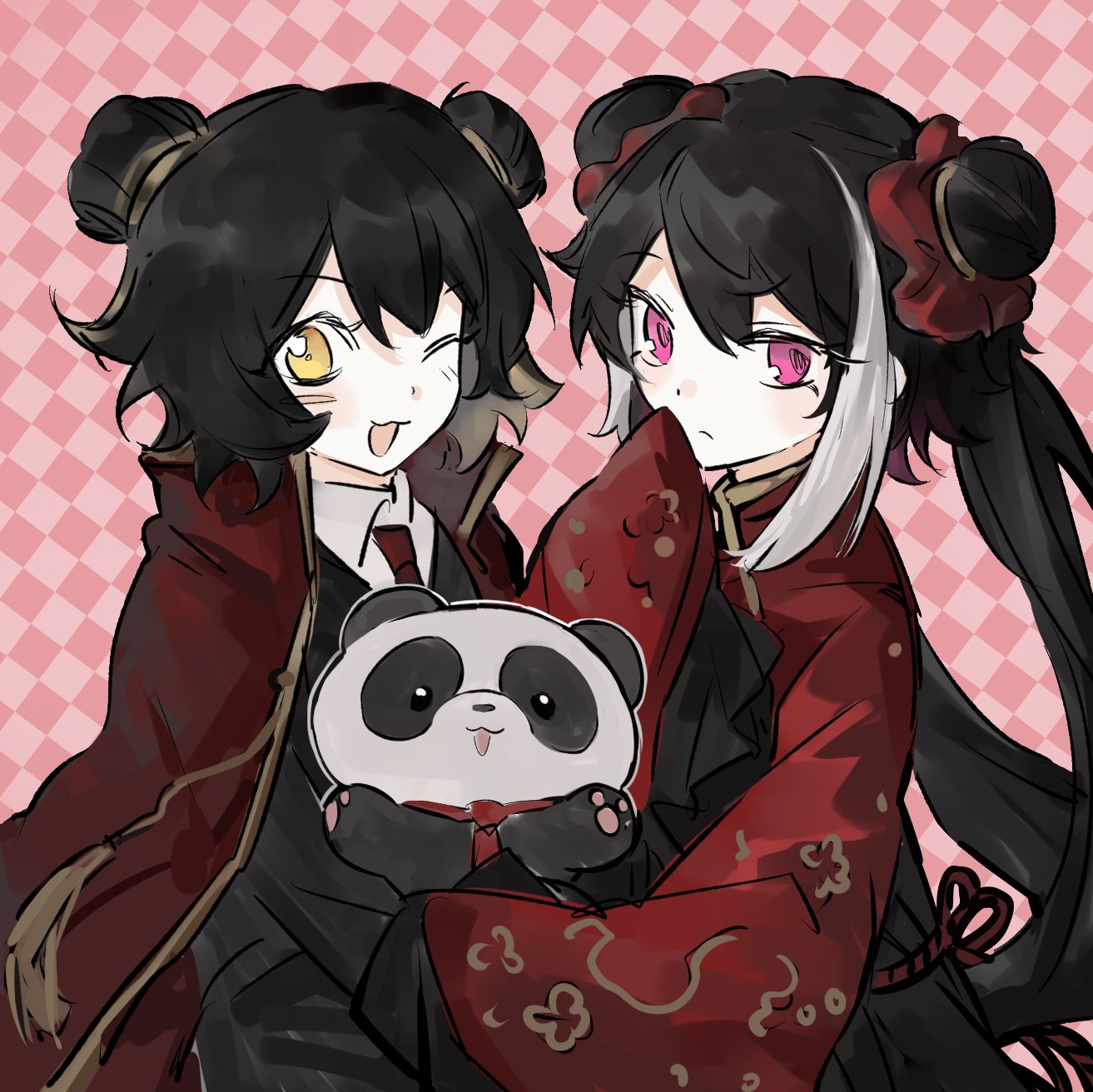 2girls, black_dress, black_hair, checkered_background, closed_mouth, coat, coat_on_shoulders, collared_shirt