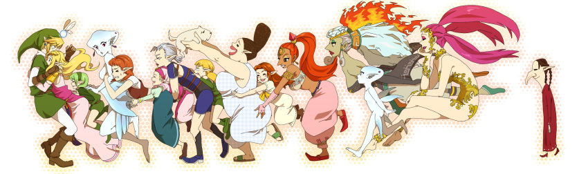 anju, blonde_hair, brown_hair, dog, dual_persona, earrings, gloves, great_fairy