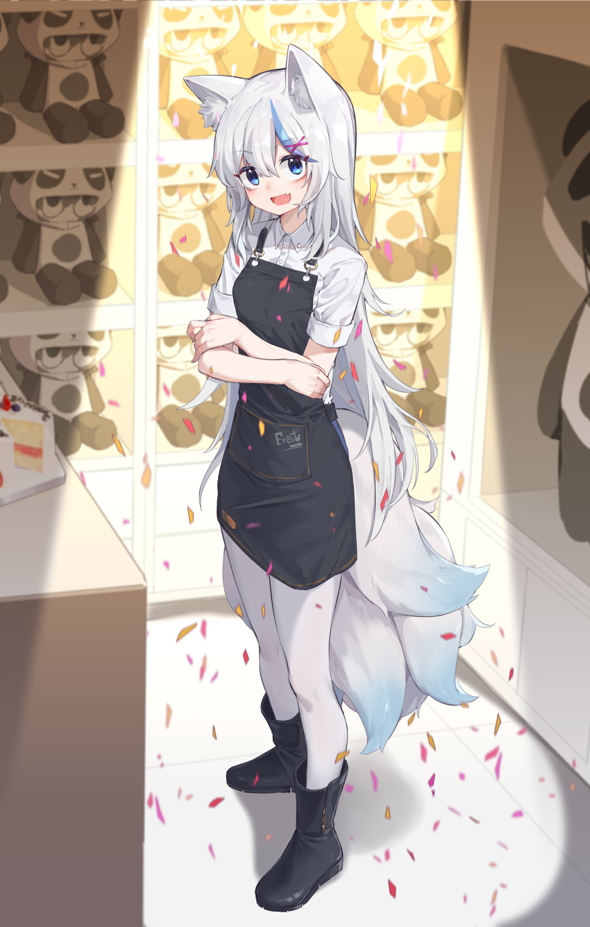 1girl, :d, absurdres, animal_ears, ankle_boots, apron, blue_eyes, blue_hair