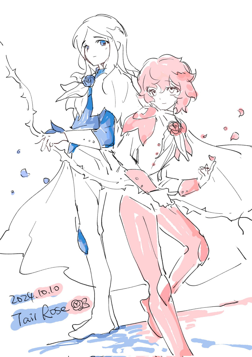 2others, blue_eyes, blue_flower, blue_rose, blue_shirt, cape, closed_mouth, erzheawa