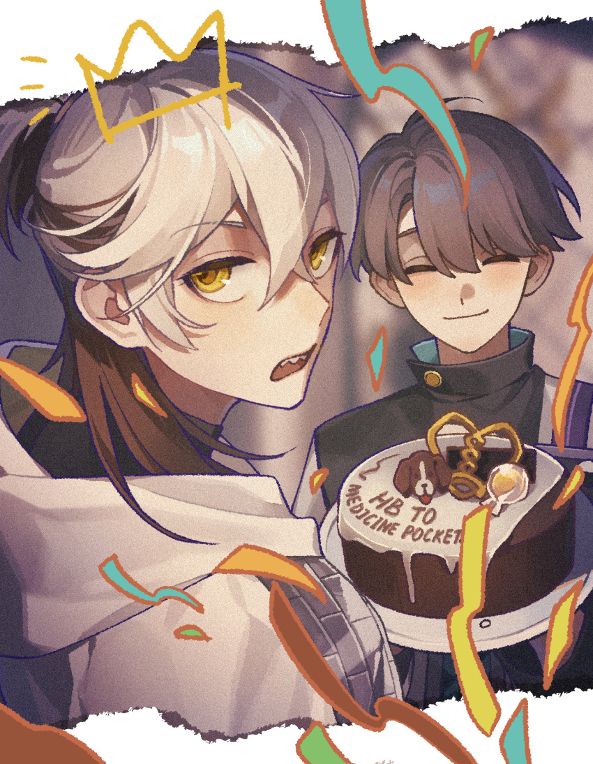 1boy, 1other, ^_^, birthday_cake, blurry, blurry_background, border, brown_hair
