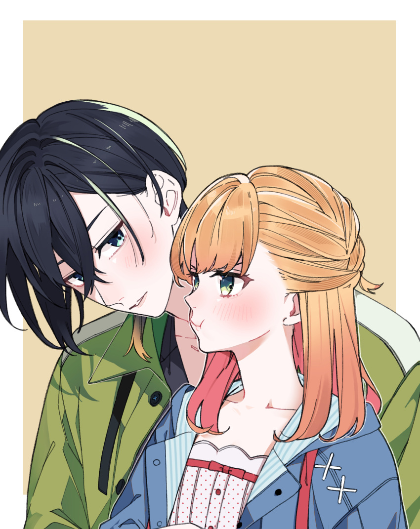 1boy, 1girl, bishounen, black_hair, blonde_hair, blue_eyes, blue_jacket, blush, border, braid, bustafellows, collarbone, colored_tips, commentary_request, couple, eyelashes, gradient_hair, green_eyes, green_jacket, highres, jacket, kui_game, long_hair, long_sleeves, medium_hair, mozu_(bustafellows), multicolored_hair, open_clothes, open_jacket, pink_hair, pout, simple_background, teuta_(bustafellows), two-tone_hair, upper_body, white_border, yellow_background