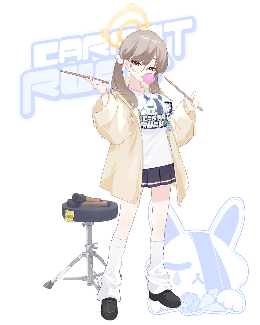 1girl, absurdres, alternate_costume, black_skirt, blue_archive, brown_hair, chewing_gum, cosplay