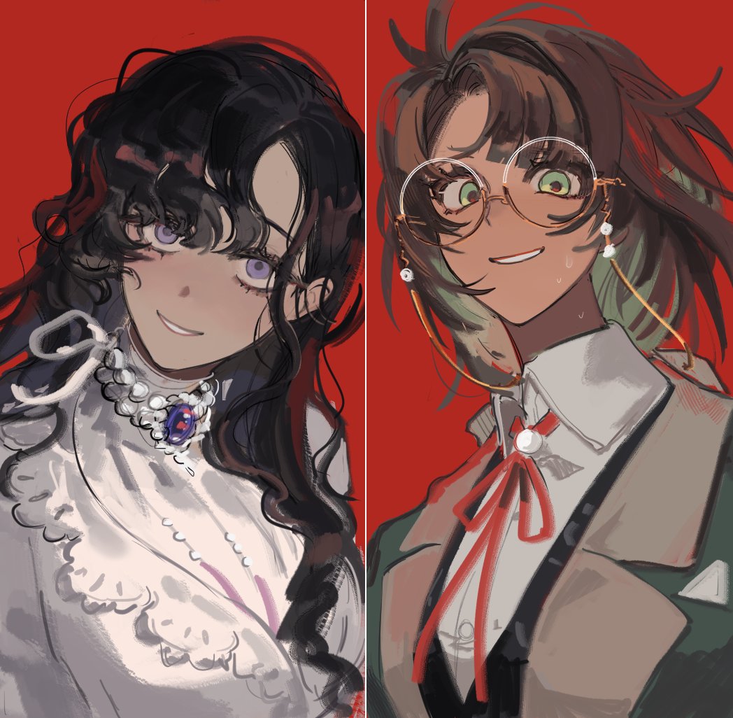 2girls, black_hair, brown_hair, collared_shirt, dress, eyewear_strap, glasses, green_eyes