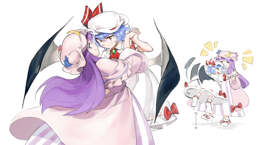2girls, ascot, bat_wings, blue_hair, blush, bow, crescent, crescent_hat_ornament