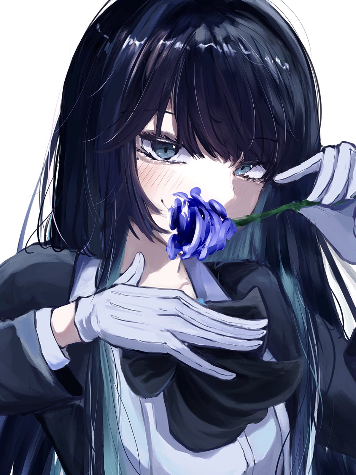 1girl, ado_(utaite), black_bow, black_bowtie, black_coat, black_hair, blue_eyes, blue_flower