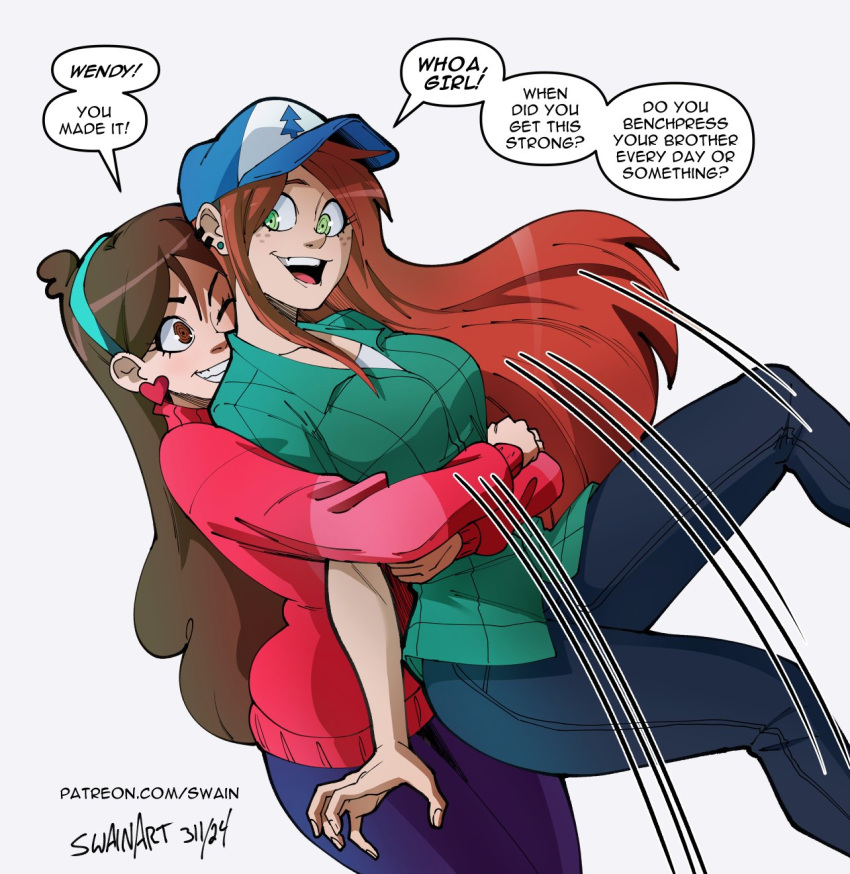 2girls, artist_name, blue_hat, blue_pants, brown_eyes, brown_hair, earrings, english_text, freckles, gravity_falls, green_eyes, green_hairband, green_shirt, grin, hairband, hat, heart, heart_earrings, highres, hug, jewelry, long_hair, mabel_pines, multiple_girls, one_eye_closed, open_mouth, pants, patreon_username, pink_sweater, shirt, short_sleeves, signature, simple_background, smile, speech_bubble, swain_(artist), sweater, teeth, two-tone_hat, upper_teeth_only, web_address, wendy_corduroy, white_background, white_hat