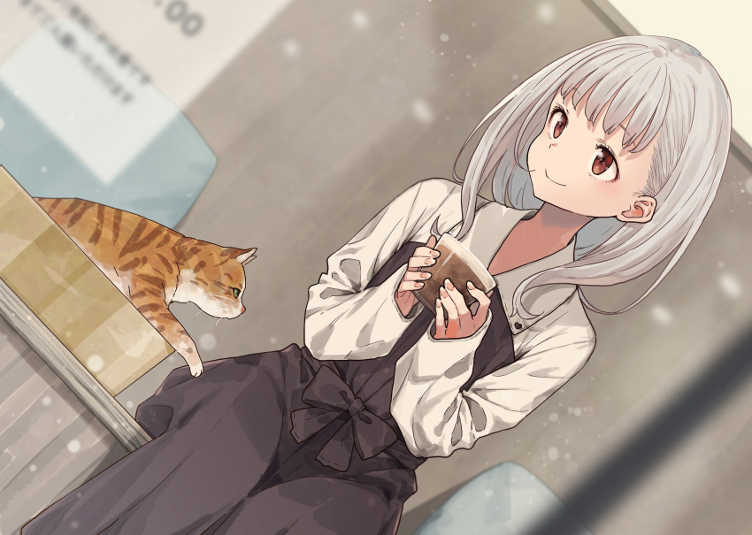 1girl, absurdres, animal, blurry, blurry_background, blurry_foreground, bow, brown_eyes
