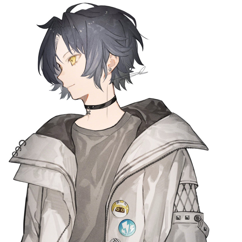 1boy, asaba_harumasa, asaba_harumasa_bangboo, black_choker, black_hair, choker, closed_mouth, earrings