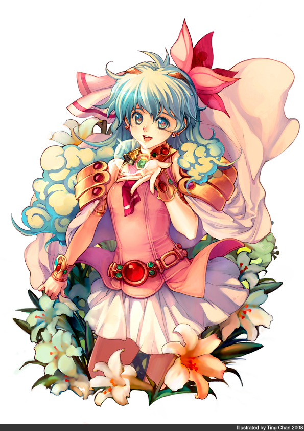 cape, dress, earrings, flower, hair_ornament, jewelry, long_hair, multicolored_hair