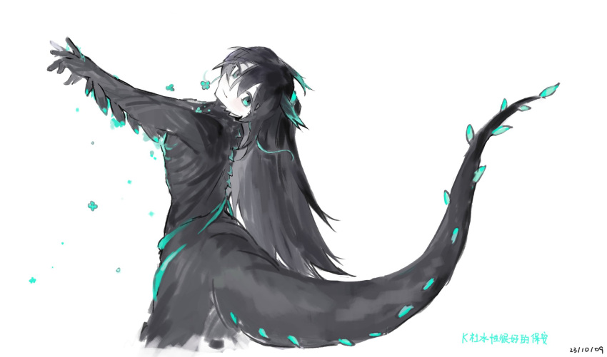 1boy, aqua_eyes, arms_up, black_bodysuit, black_eyes, black_hair, black_tail, bodysuit, closed_mouth, cowboy_shot, dragon_boy, erzheawa, head_tilt, heterochromia, highres, hong_lu_(project_moon), limbus_company, long_hair, looking_at_viewer, project_moon, simple_background, smile, solo, very_long_hair, white_background