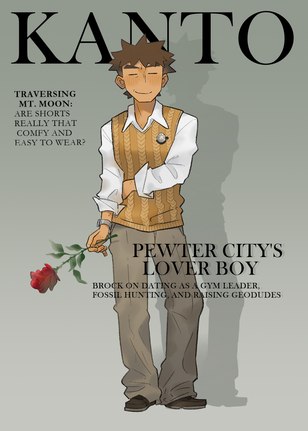 1boy, black_footwear, blush, boulder_badge, brock_(pokemon), brown_hair, brown_sweater_vest, character_name