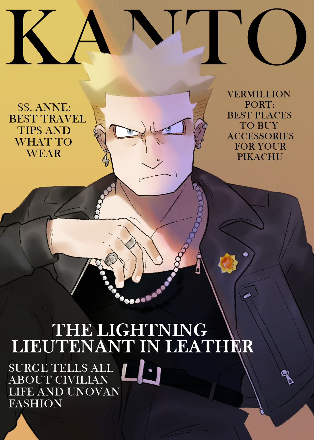 1boy, badge, belt, black_jacket, black_shirt, blonde_hair, character_name, cover