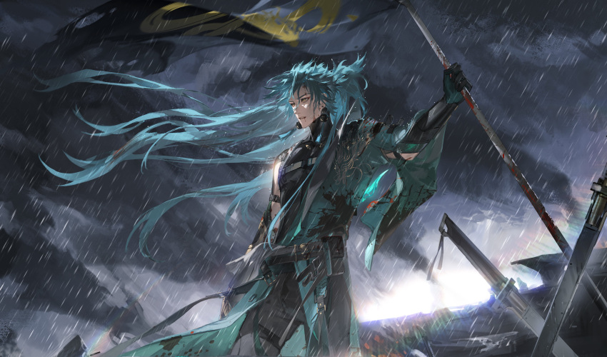 1boy, absurdres, aqua_hair, black_gloves, blood, blood_on_face, clouds, cloudy_sky, commentary_request, cowboy_shot, earrings, flag, floating_hair, gloves, hair_between_eyes, highres, holding, holding_flag, jewelry, jiyan_(wuthering_waves), long_hair, looking_ahead, male_focus, outdoors, parted_lips, ponytail, rain, shuangbatian, sky, solo, standing, sword, weapon, wuthering_waves, yellow_eyes