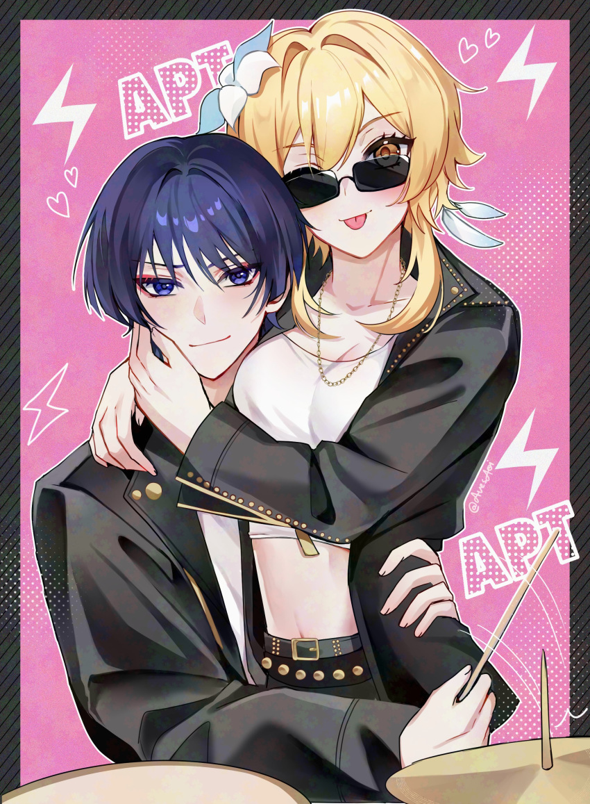1boy, 1girl, absurdres, alternate_costume, apt._(rose_&amp;_bruno_mars), arms_around_neck, avesaoi, belt