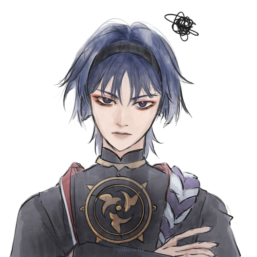 1boy, alternate_hairstyle, armor, black_bodysuit, black_eyes, black_hairband, black_kimono, black_sleeves