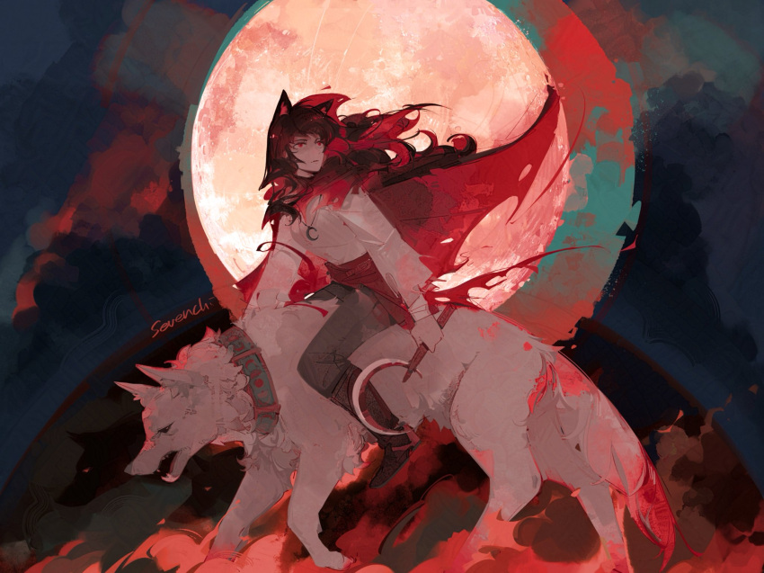 1girl, animal_ears, black_hair, cloak, clouds, double_life_smp, highres, minecraft_youtube