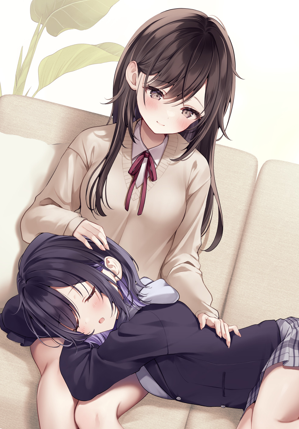 2girls, azato_jk_(yugaa), black_hair, black_jacket, blazer, blush, breasts, brown_hair