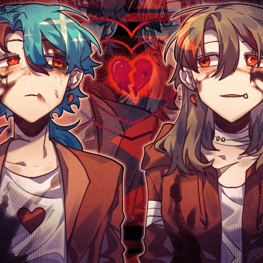 1boy, 1girl, absurdres, bandages, blood, blood_on_face, blue_hair, broken_heart