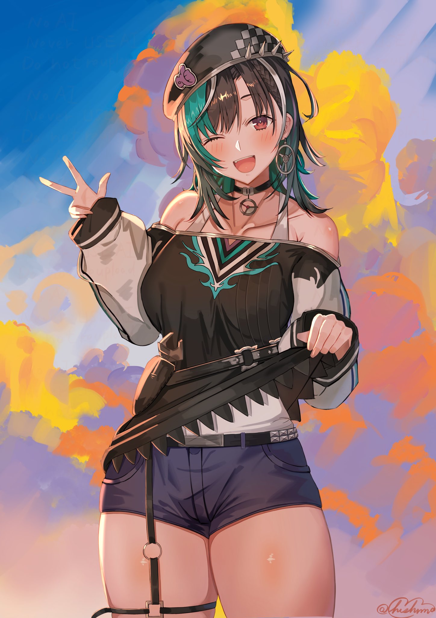 1girl, ;d, aqua_hair, asymmetrical_bangs, belt, belt_pouch, beret, black_choker