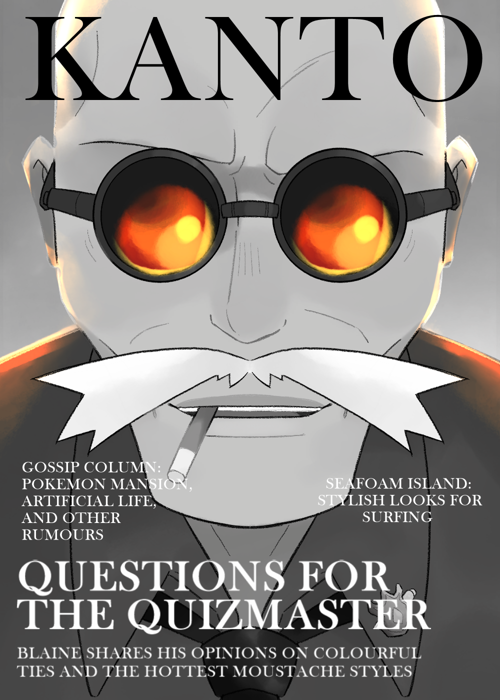 1boy, bald, black_necktie, blaine_(pokemon), character_name, cigarette, colored_skin, cover, english_text, facial_hair, fake_magazine_cover, grey_background, grey_skin, highres, looking_at_viewer, magazine_cover, male_focus, mouth_hold, mustache, necktie, old, old_man, pokemon, skipppppy, solo, sunglasses, upper_body, white_hair