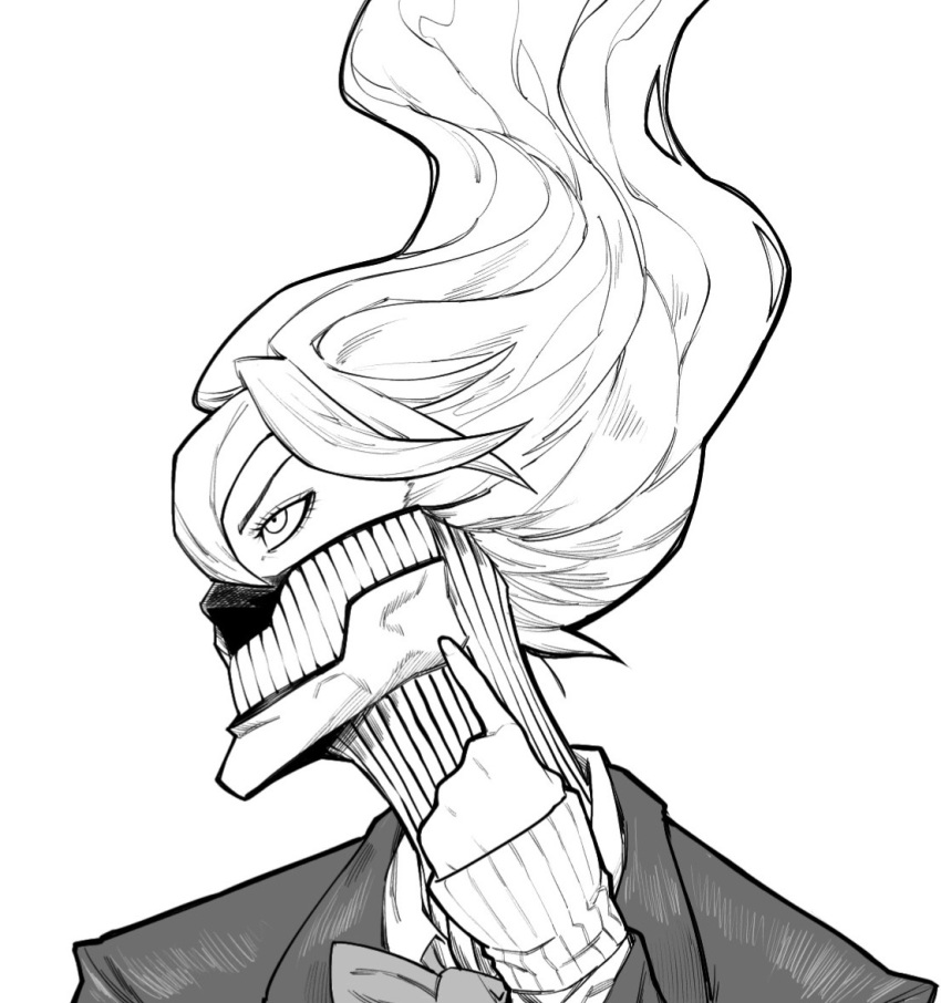 1girl, acrobatic_silky_(dandadan), alternate_form, dandadan, floating_hair, greyscale, hair_between_eyes, long_hair, looking_at_viewer, looking_to_the_side, mask, monochrome, mouth_mask, school_uniform, shiratori_aira_(dandadan), simple_background, skub74, solo, tall_hair, upper_body, white_background