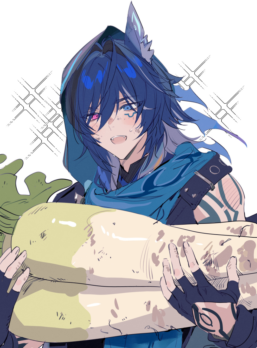 1boy, animal_ear_fluff, animal_ears, arm_tattoo, bat_ears, black_gloves, black_tank_top, blue_eyes