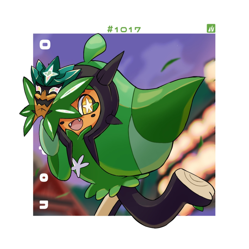 1girl, black_skin, blurry, blurry_background, border, bright_pupils, character_name, colored_skin