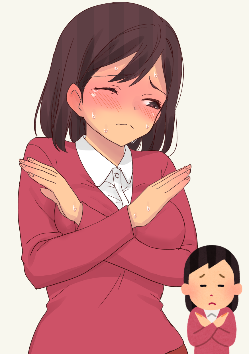 1girl, averting_eyes, black_hair, blush, buttons, crown, daipunch, double-parted_bangs