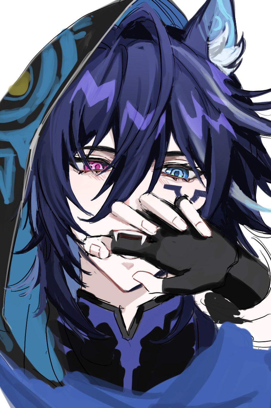 1boy, animal_ear_fluff, animal_ears, bat_ears, biting, biting_own_finger, black_gloves, blue_eyes