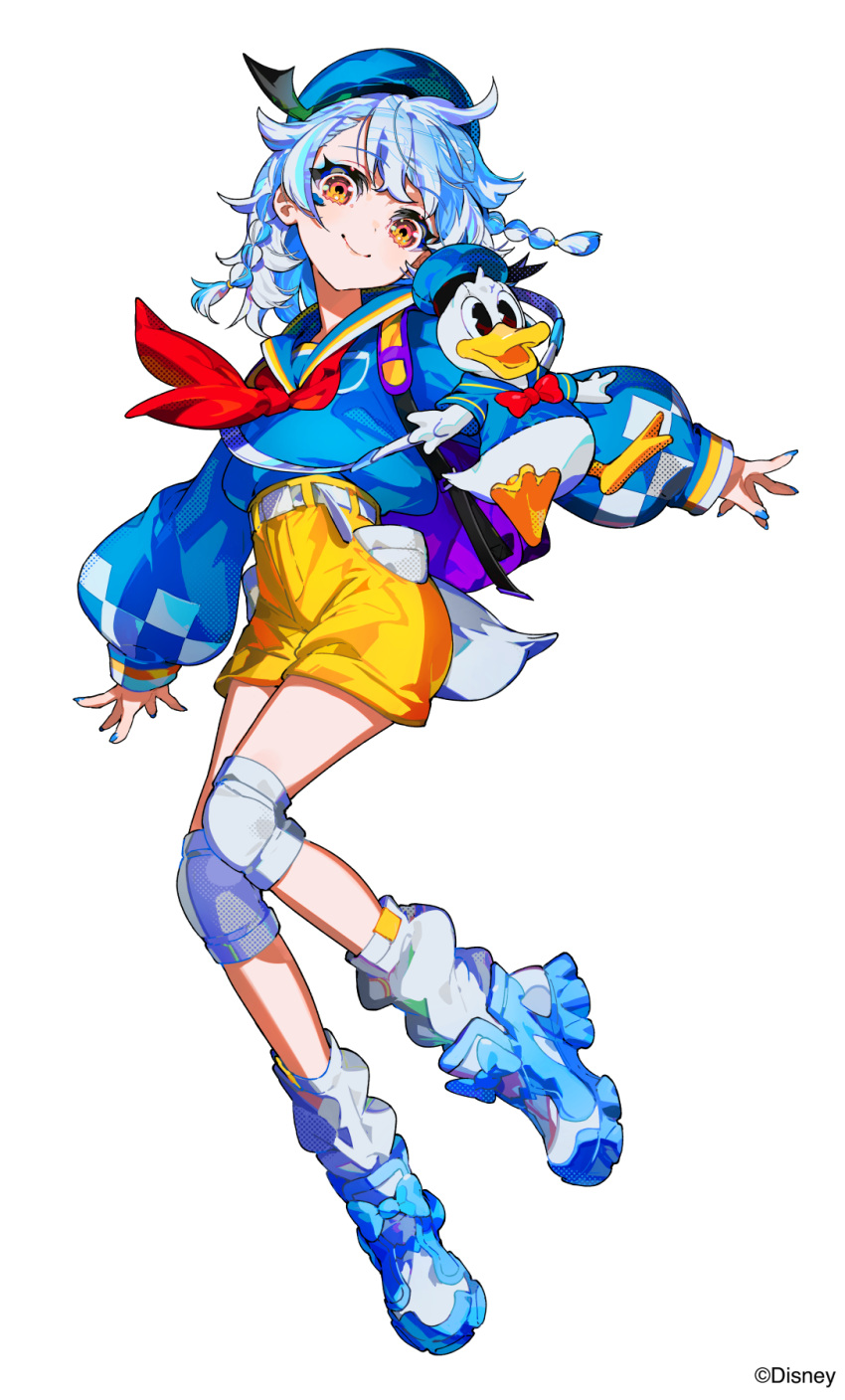 1girl, beret, blue_footwear, blue_hair, blue_hat, blue_nails, blue_sailor_collar, blue_shirt, bow, bowtie, braid, closed_mouth, commentary_request, disney, donald_duck, full_body, grey_hair, hat, highres, knee_sleeve, long_sleeves, loose_socks, mika_pikazo, multicolored_hair, nail_polish, neckerchief, orange_eyes, original, puffy_long_sleeves, puffy_sleeves, red_bow, red_bowtie, red_neckerchief, sailor_collar, sailor_shirt, shirt, shoes, short_shorts, shorts, simple_background, sleeves_past_wrists, smile, socks, streaked_hair, twin_braids, white_background, white_socks, yellow_shorts