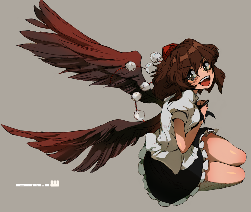 brown_hair, open_mouth, shameimaru_aya, short_hair, simple_background, smile, solo, touhou