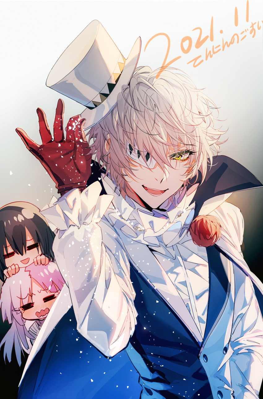 3boys, =_=, absurdres, baocaizi, black_hair, bungou_stray_dogs, cape, dated