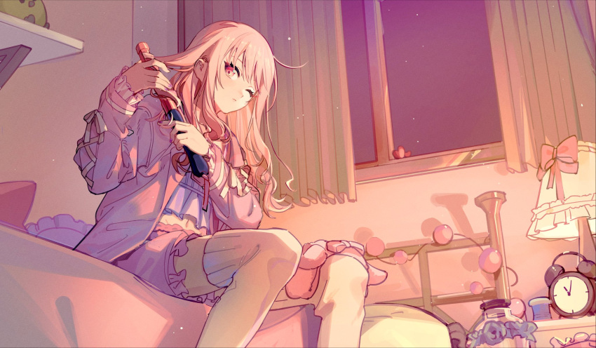 1other, akiyama_mizuki, alarm_clock, androgynous, bed, bedroom, bow, brushing_hair