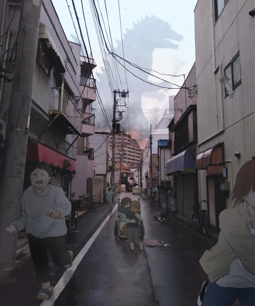 2girls, 5boys, absurdres, avogado6, bicycle, black_hair, black_pants, brown_hair, brown_jacket, building, city, commentary_request, crying, day, dropped_object, fire, godzilla, godzilla_(series), highres, hug, jacket, long_sleeves, monster, multiple_boys, multiple_girls, outdoors, pants, peeking_out, people, photo_background, pink_bag, power_lines, road, running, sandals, scared, shirt, short_hair, silhouette, sitting, street, teeth, upper_teeth_only, utility_pole, wheelchair, white_shirt