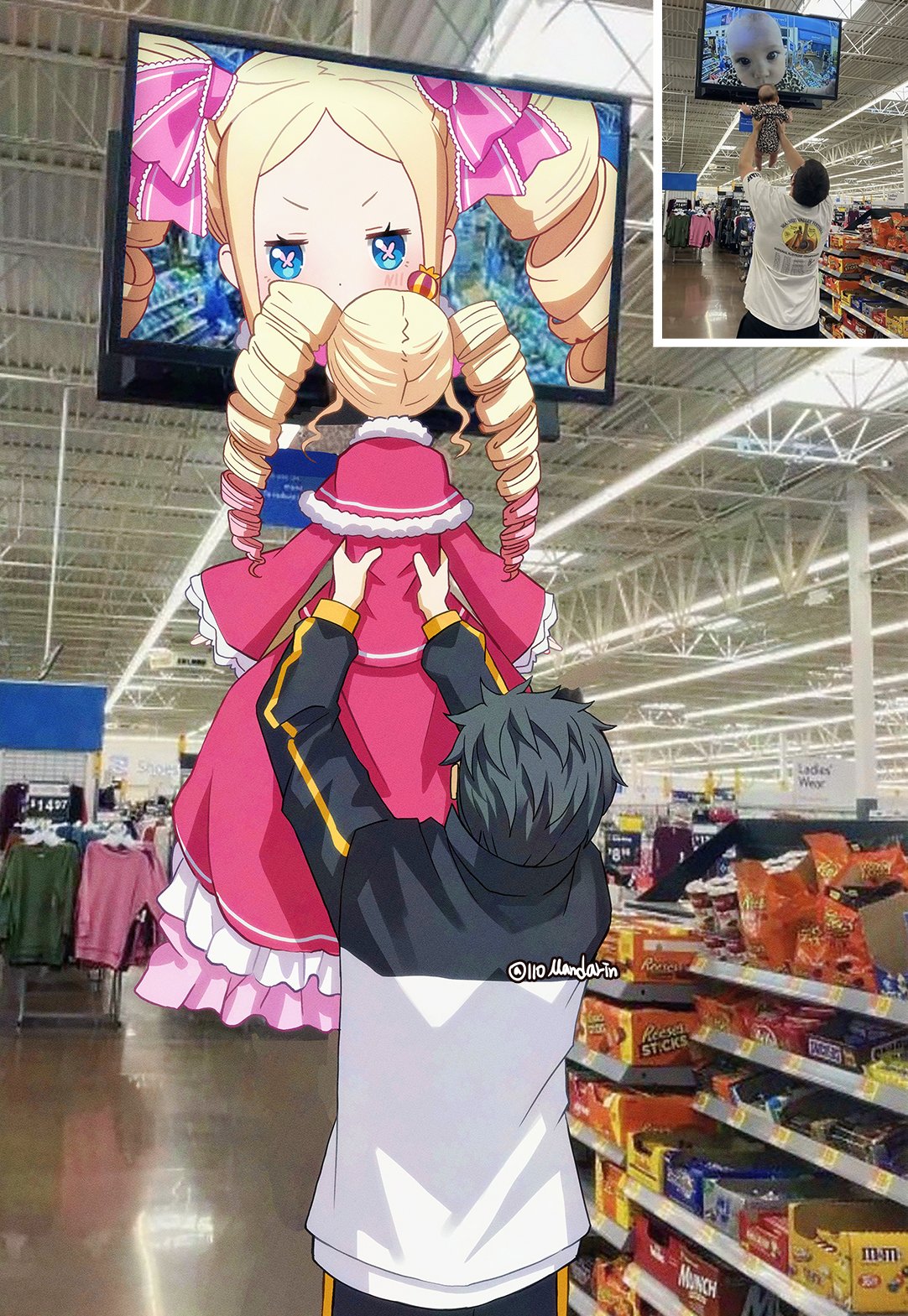 1boy, 1girl, artist_name, beatrice_(re:zero), blonde_hair, blue_eyes, butterfly-shaped_pupils, camera_feed