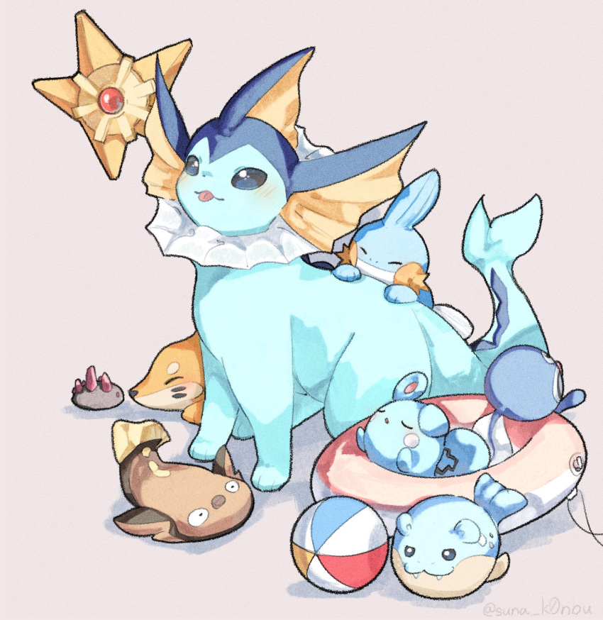 azurill, ball, beachball, buizel, closed_eyes, closed_mouth, fins, forked_tail, head_fins, highres, mudkip, no_humans, pokemon, pokemon_(creature), poliwag, pyukumuku, shadow, smile, spheal, staryu, stunfisk, suna_k0nbu, swim_ring, tail, tongue, tongue_out, twitter_username, vaporeon