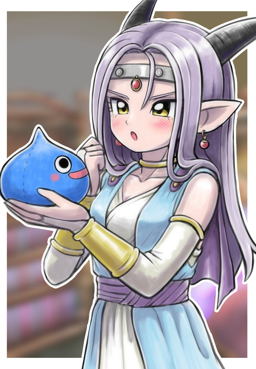 1girl, absurdres, black_horns, blurry, blurry_background, border, bracer, bridal_gauntlets
