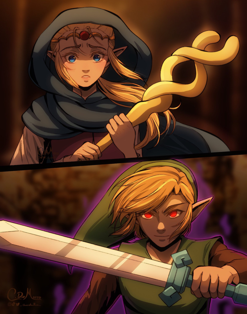 1boy, 1girl, arm_up, artist_name, aura, blonde_hair, blue_cloak, blue_eyes
