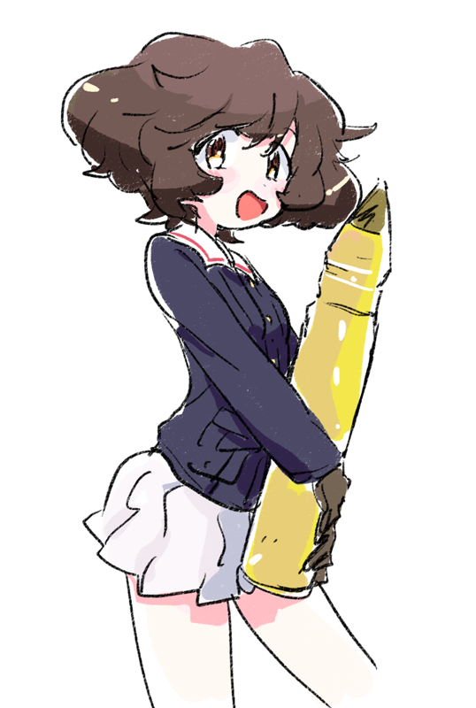 1girl, :d, akiyama_yukari, black_gloves, blue_jacket, blush, brown_eyes, brown_hair