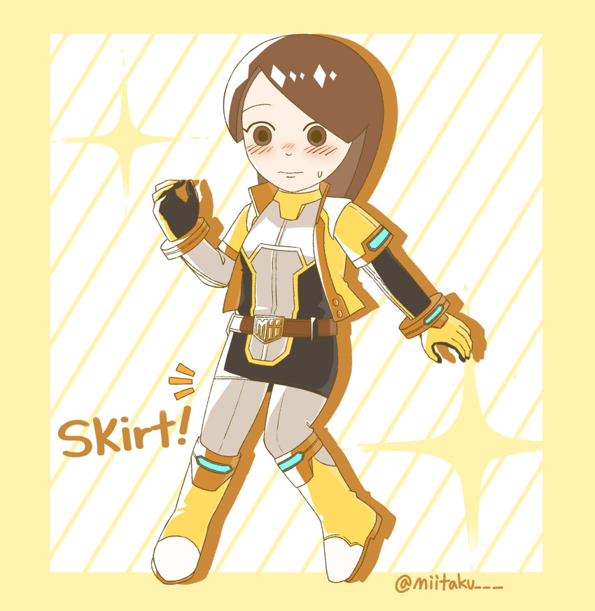 1girl, alternate_costume, animification, belt, blush, boots, breasts, brown_eyes