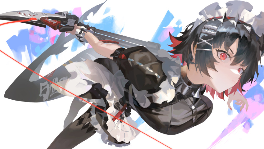 1girl, absurdres, black_hair, black_pantyhose, breasts, colored_inner_hair, dress, ellen_joe, fins, fish_tail, frilled_dress, frilled_wristband, frills, hair_ornament, highres, holding, holding_sword, holding_weapon, large_breasts, leaning_forward, linghe_linhoo, looking_at_viewer, maid, maid_headdress, metal_hairband, mole, mole_on_arm, mole_under_eye, multicolored_hair, pantyhose, red_eyes, red_nails, redhead, shark_girl, shark_tail, short_hair, simple_background, solo, spiked_headband, sword, tail, two-tone_hair, weapon, zenless_zone_zero