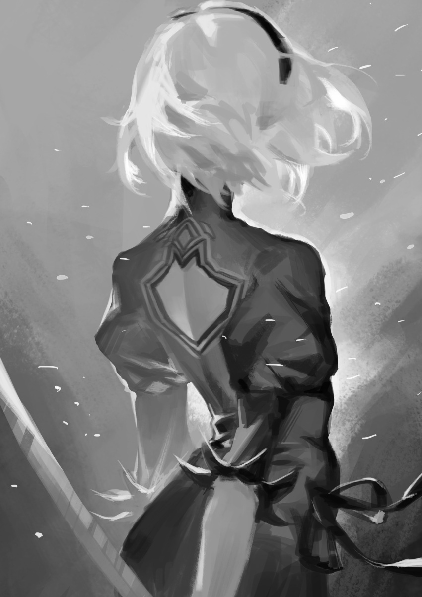 1girl, 2b_(nier:automata), absurdres, back_cutout, black_dress, black_hairband, clothing_cutout, dress, facing_away, feather-trimmed_sleeves, feather_trim, from_behind, hairband, highres, holding, holding_sword, holding_weapon, juliet_sleeves, linghe_linhoo, long_sleeves, monochrome, nier:automata, nier_(series), puffy_sleeves, short_hair, simple_background, solo, standing, sword, weapon, white_hair