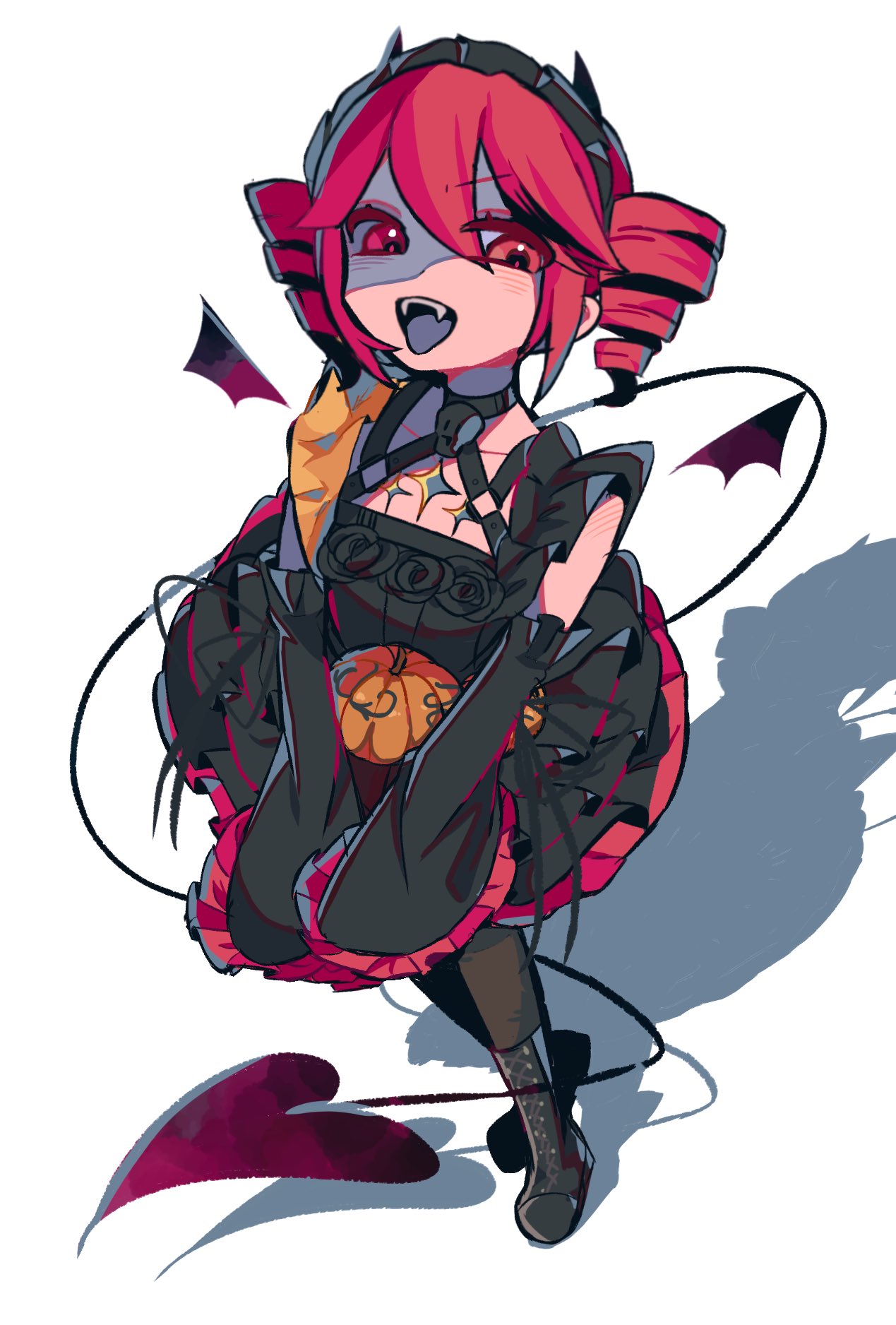 1girl, avocado_hamburg, black_dress, black_footwear, black_hairband, black_sleeves, black_tail, black_wings