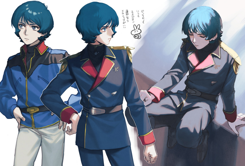 1boy, alternate_universe, arm_support, belt, black_belt, black_footwear, black_shirt, blue_eyes
