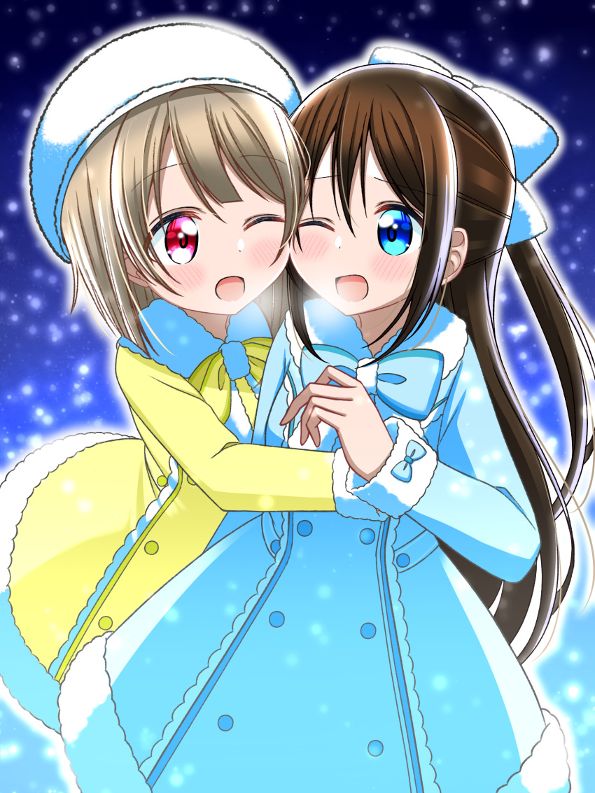 2girls, absurdres, blue_eyes, blush, bow, brown_hair, commentary_request, dress, fur-trimmed_dress, fur-trimmed_sleeves, fur_trim, hair_bow, half_updo, hat, highres, hot_heartlove, hug, long_hair, long_sleeves, looking_at_another, looking_to_the_side, love_live!, love_live!_nijigasaki_high_school_idol_club, multicolored_hair, multiple_girls, nakasu_kasumi, one_eye_closed, open_mouth, osaka_shizuku, outline, red_eyes, sleeve_bow, smile, snowing, streaked_hair, white_hair, white_outline