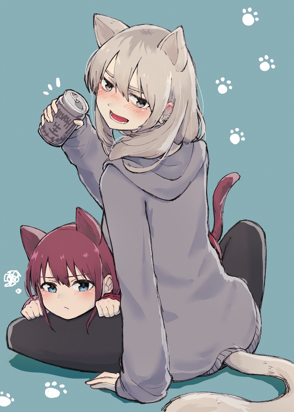2girls, animal_ears, ayataka_syumimi, black_pants, blue_background, blue_eyes, butterfly_sitting, can